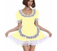 Delantal Con Ribete De Encaje, Disfraz De Cosplay De Lolita, Minivestido De Corte A, Vestidos Plisados de Manga Corta De PVC,Azul,7XL