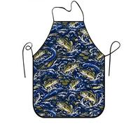 Delantal de cocina con diseño de peces náuticos, diseño de olas del océano, delantal de cocina, barbacoa de verano, jardinería, trabajo de chef, Azul, 24x31 Inch
