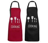 Delantal de Cocina Impermeable con Bolsillos Correa para Cuello Ajustable Delantales Hombre Mujer Delantal Cocinero Mandil para Jardinería Restaurante Barbacoa Cocinar Hornear 2 Piezas (Rojo y Negro)