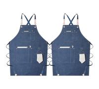 Delantal de Lona para Taller, para Hombre y Mujer, con Correas Cruzadas Ajustables y Bolsillos, Ideal para Chef, Cocina, Repostería y Jardinería,Blue-2pcs