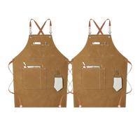 Delantal de Lona para Taller, para Hombre y Mujer, con Correas Cruzadas Ajustables y Bolsillos, Ideal para Chef, Cocina, Repostería y Jardinería,Brown-2pcs