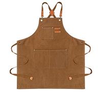 Delantal de Trabajo para Hombres y Mujeres, Delantal de Cocinero con Bolsillos Correas Cruzadas Ajustables Impermeable de Lona para Jardín Cocina Cerámica Garaje Marrón