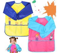 Delantal Infantil Pintura,2pcs Impermeable Delantales para niños Envejecer 2-8 años,Blusón Delantal Babero de Mangas Largacon 3 bolsillos espaciosos para Manualidades,Pintura,Cocina(rosado+amarillo)
