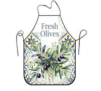 Delantales botánicos de aceitunas para cocinar, delantal de cocina de hojas de oliva clásico azul, lino floral mediterráneo, lavable Apro, Azul, 24x31 Inch