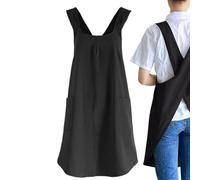 Delantales cruzados con 2 bolsillos, vestido de pinafore japonés, bata de jardín, delantal de lino de algodón con espalda cruzada para mujeres y hombres, Negro, Refer to description