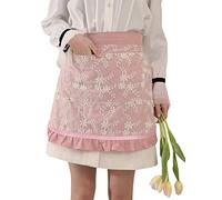 Delantales de chef unisex blanco retro algodón criada corto 2 bolsillos cintura camarera medio delantal, Bordado rosa, talla única