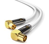 deleyCON 1,5m Cable de Antena HDTV Full HD - Coaxial con Enchufes en Ángulo 90° para TV y Toma - Tapón de Metal - Blanco