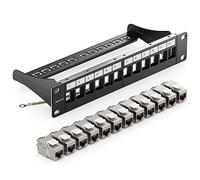 deleyCON 12 Puerto CAT7 Patchpanel SET Campo de Distribución Modular 1 HE 10" Pulgadas Instalación en Rack + 12 Módulos Keystone CAT 7 RJ45 LAN Red 10 Gbit/s 600 MHz Cables de Descarga Negro