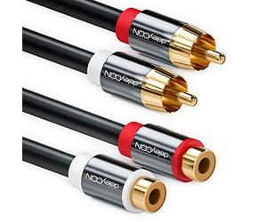 deleyCON 15m Cable Extensión Audio Estéreo Cinch RCA - 2x Conector a 2x Hembra - Conectores Metálicos Dorados Negro
