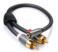 deleyCON 20cm Cable de Audio Estéreo Corto - Jack 3,5 mm Hembra a 2 Conectores RCA Macho - Carcasa Metálica - Adaptador para Portátil, Tablet, Smartphone, TV, DVD y Cajas de Sonido - Negro
