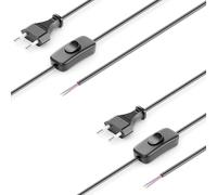 deleyCON 2X 2m Cable de Alimentación Euro con Interruptor y Extremo Abierto - Cable Eléctrico de Repuesto para Conexión - Enchufe Plano Tipo C - para Luminarias Lámparas - Negro