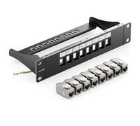 deleyCON 8 Puerto CAT7 Patchpanel SET Campo de Distribución Modular 1 HE 10" Pulgadas Instalación en Rack + 8 Módulos Keystone CAT 7 RJ45 LAN Red 10 Gbit/s 600 MHz Cables de Descarga Negro
