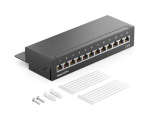 deleyCON CAT6 Patch Panel El Panel de Corrección 12 Puertos Escritorio y Montaje en Pared - Blindado - Enchufe 12x RJ45 - TIA568A TIA568B - Negro