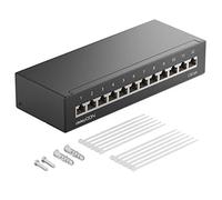 deleyCON Panel de Parcheo CAT 6a Panel de Distribución de 12 Puertos 1HE Montaje en Escritorio y Pared Con Apantallamiento 12x Tomas RJ45 LAN Cable de Red de Instalación TIA568A TIA568B RAL 9005 Negro