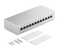 deleyCON Panel de Parcheo CAT 6a Panel de Distribución de 12 Puertos 1HE Montaje en Escritorio y Pared Con Apantallamiento 12x Tomas RJ45 Cable de Red de Instalación TIA568A & B RAL 7035 Gris Claro