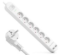 deleyCON Regleta con 1,5 m, Seis Tomas, Puertos USB, Dos Salidas USB-A para Cargar Móvil y Tableta, Protección contra Sobretensión, Interruptor, Blanco