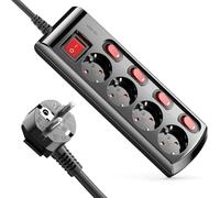 deleyCON Regleta de 4 Tomas Conmutable Individualmente Cable de 1,4m (4X Interruptor de Encendido/Apagado y 1x Interruptor Principal) Alimentación Regleta de Enchufes Base de Enchufe Múltiple - Negro