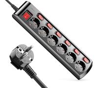 deleyCON Regleta de 6 Tomas Conmutable Individualmente Cable de 1,4m (6X Interruptor de Encendido/Apagado y 1x Interruptor Principal) Alimentación Regleta de Enchufes Base de Enchufe Múltiple - Negro