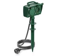 deleyCON Toma Exterior con Estaca, Dos Tomas, Protección Reforzada, IP44 Resistente a Salpicaduras, Apta para Intemperie, Cable de 1,4 m para Jardín y Terraza