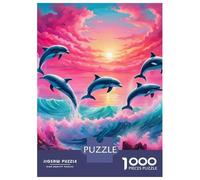 delfín 1000 Piezas Papel Durable Four Dolphins Leaping Over Pink-Purple Sunset Clouds Puzzle para Adultos Portátil Fácil Almacenar Horas De Entretenimiento Ocio En Casa 70x50cm/1000pcs