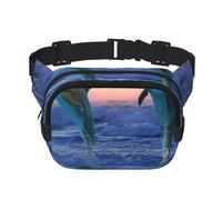 Delfín mular al Amanecer,Riñonera Cuadrada de Doble Capa, Bolso de Viaje, Bolso Informal para el Pecho.