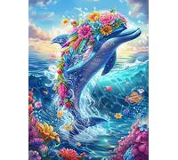 Delfín Nadando Entre Flores Puzzles 500 Piezas Alivio Estrés Mental Paisaje de Cuento de Hadas en Caricatura Rompecabezas 3D para Toda La Familia Juguete Educativo Desafío Intelectual 500 PCS