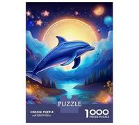 delfín Puzzle De 1000 Trozos Dolphin Under Full Moon in Dark Blue Sky Papel Grueso Rompecabezas Compatible con Tabla Noche De Juegos En Familia Horas Entretenimiento 38x26cm/1000pcs