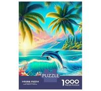 delfín Puzzle De 1000 Trozos Papel Grueso Dolphins in Tropical Ocean with Palm Trees Rompecabezas Apasionados De Los Compatible con Tabla Entretenimiento Fin De Semana 38x26cm/1000pcs