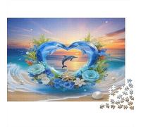 Delfín Rompecabezas clásico de cartón Delfines Formando un corazón con Flores en la Playa, Regalo Coleccionable de Amigo Invisible 38x26cm/1000 Piezas