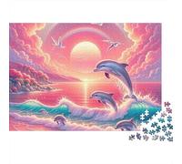 Delfín Saltando Atardecer Rompecabezas de 1000 Piezas para Adultos Delfines Saltando en Playa Arcoíris Premium Robusto Desafiante Difícil Alivio del Estrés Regalo Familiar 38x26cm/1000pcs
