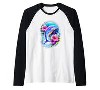 Delfín Saltando En Océano Flores Tropical Vida Marina Animal Camiseta Manga Raglan