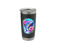 Delfín Saltando En Océano Flores Tropical Vida Marina Animal Vaso térmico de acero inoxidable de doble pared