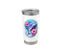 Delfín Saltando En Océano Flores Tropical Vida Marina Animal Vaso térmico de acero inoxidable de doble pared