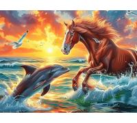 Delfín y Caballo Rompecabezas 300 Piezas Cartón para Niños Mayores 14 Años Colorful Fantasy Vida Silvestre Noches De Cita Antiestrés Pack Completo Detalle Único Original 300 PCS/40x28cm