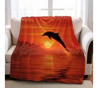 Delfines al Atardecer en el océano Manta de Franela 180 x 220 cm Rojo Manta Mullida y Suave con Estampado Decorativo para Sofá y Adultos
