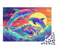 Delfines Coloridos Puzzle de 1000 Piezas Papel para Adultos Olas al Atardecer Puzzle para Toda la Familia Relajación Hogar 52x38cm/1000pcs