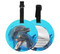 Delfines con cara sonriente impresos,Etiquetas de equipaje de cuero sintético con nombre, etiquetas de viaje duraderas, 2 unidades