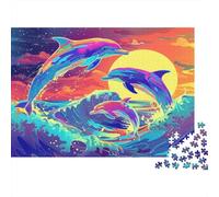 Delfines de Colores Océano Puzzle de 1000 Piezas Papel para Adultos Olas al Atardecer Juego de Puzzle 1000 Piezas Relajación Decoración Regalo 38x26cm/1000pcs