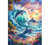 Delfines en el océano mágico Puzzles 500 Piezas Desafío Nivel Difícil Animal Lindo de Cuento de Hadas Rompecabezas para Adultos Aliviar Estrés Decoración Hogar DIY Moderno Portátil 500 PCS