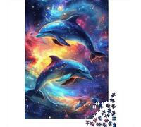 Delfines Fondo Cósmico Puzzle de 1000 Piezas Puzzle para Adultos Noche Estrellada Relajación Papel Familiar 38x26cm/1000pcs