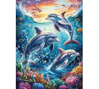 Delfines Nadando en el océano Puzzles 1000 Piezas Obra De Arte Decorativa Sueño mágico de Ciencia ficción Rompecabezas Familiar para Adultos DIY Creativo Aliviar Estrés Portátil 1000 PCS