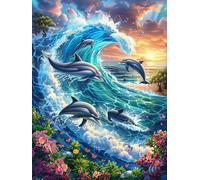 Delfines Nadando en el océano Waves Rompecabezas 500 Piezas Cartón para Expertos Sueño Mágico de Ciencia Ficción Mejora Atención Diversión Grupal Decoración Artística Regalo Navideño Original 500 PCS