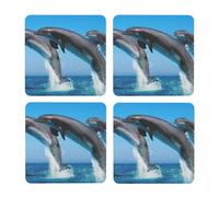 Delfines Saltando en Invierno,Posavasos Cuadrados de Corcho MDF, Almohadilla para Tazas, Juego de 4 Posavasos para Bebidas