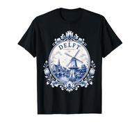 Delft Holland Windmill Blue Tile Art Dutch Canal Porcelain Camiseta gráfica económica