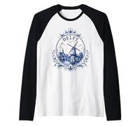 Delft Holland Windmill Blue Tile Art Dutch Canal Porcelain Camiseta Manga Raglan