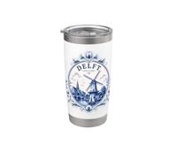 Delft Holland Windmill Blue Tile Art Dutch Canal Porcelain Vaso térmico de acero inoxidable de doble pared