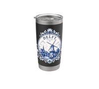 Delft Holland Windmill Blue Tile Art Dutch Canal Porcelain Vaso térmico de acero inoxidable de doble pared