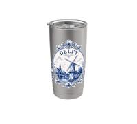 Delft Holland Windmill Blue Tile Art Dutch Canal Porcelain Vaso térmico de acero inoxidable de doble pared