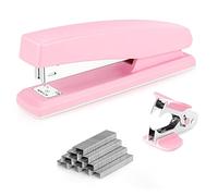 Deli Grapadora de escritorio, grapadora de oficina, capacidad de 25 hojas, incluye 1000 grapas y extractor de grapas, color rosa
