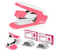DELI Grapadora de escritorio sin esfuerzo, grapadora resistente, capacidad de 40-50 hojas, un dedo, sin esfuerzo, incluye grapas y removedor de grapas, rojo rosa